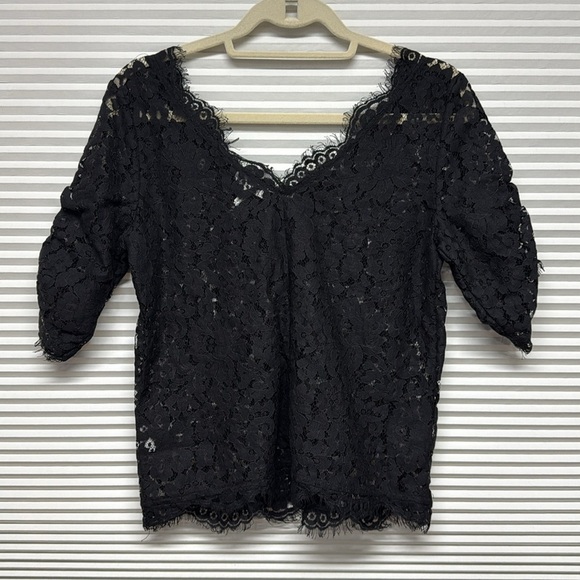 Joie Nevina Black Lace Scalloped Eyelash Trim Short Sleeve Top Blouse - Picture 10 of 14